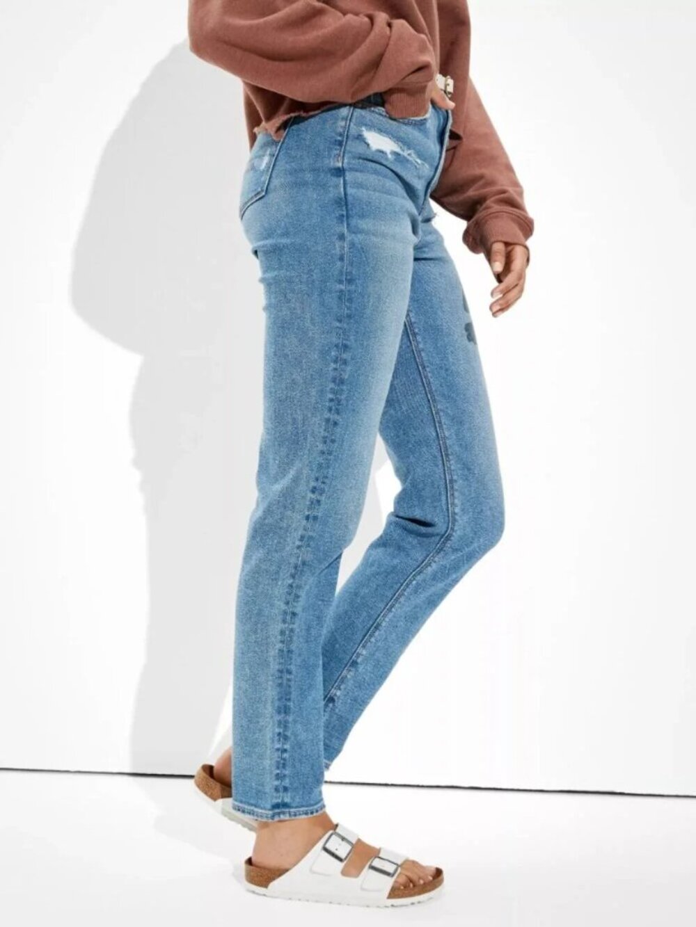 American Eagle Stretch Mom Straight Jeans Size 4 Distressed High Waist - Picture 7 of 12